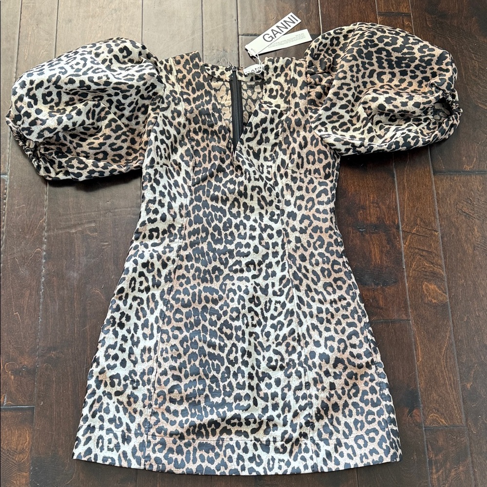 NWT Ganni Leopard Print Mini Dress with Puffed Sleeves